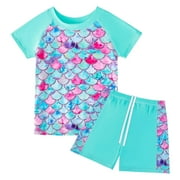 Bathing Suit For Children Kids Girls Short Sleeve Swimwear And Shorts Colorful Fish Scale Printed Swimsuit Set Leisure Beachwear, 7-8 Years